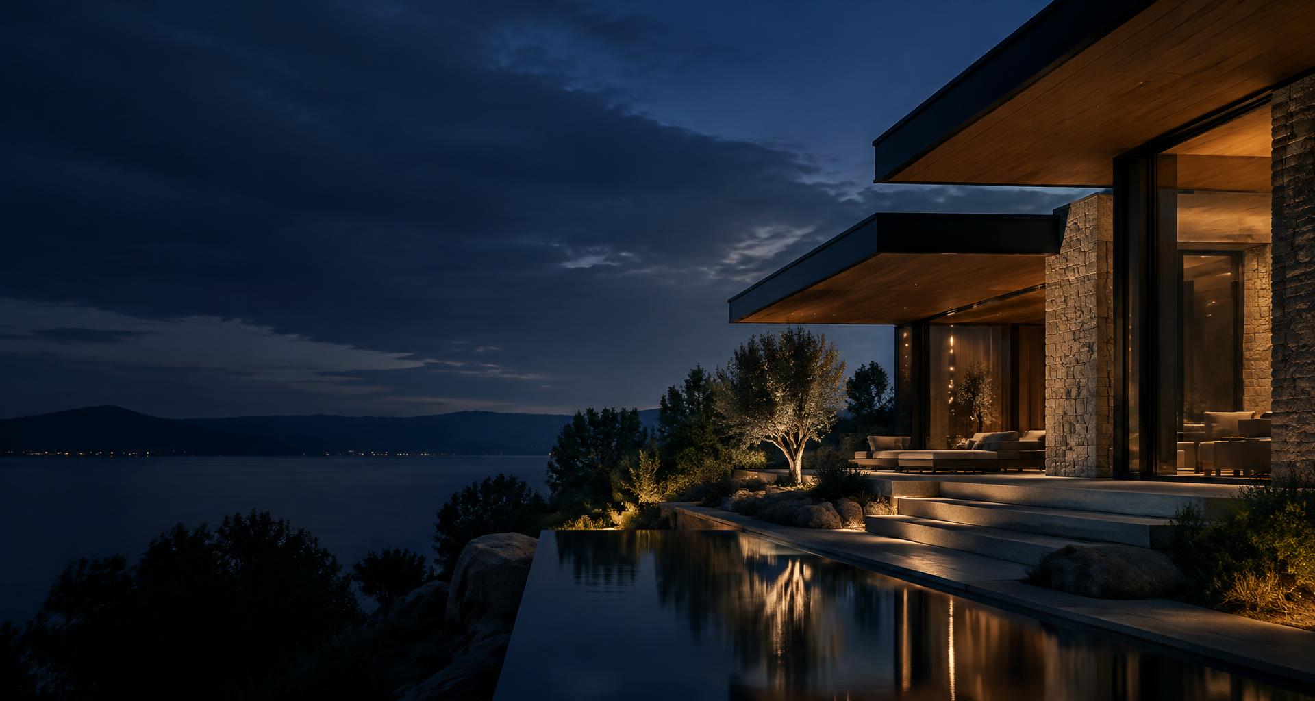 Conceptual contemporary residential architecture with warm lighting and landscaped terraces